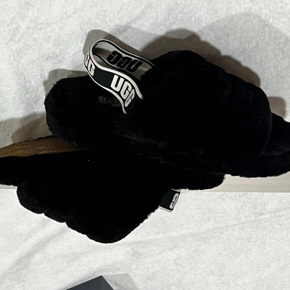 UGG Fluff Yeah Shearling Slingback Slides Black Women's 8 - Picture 3 of 12